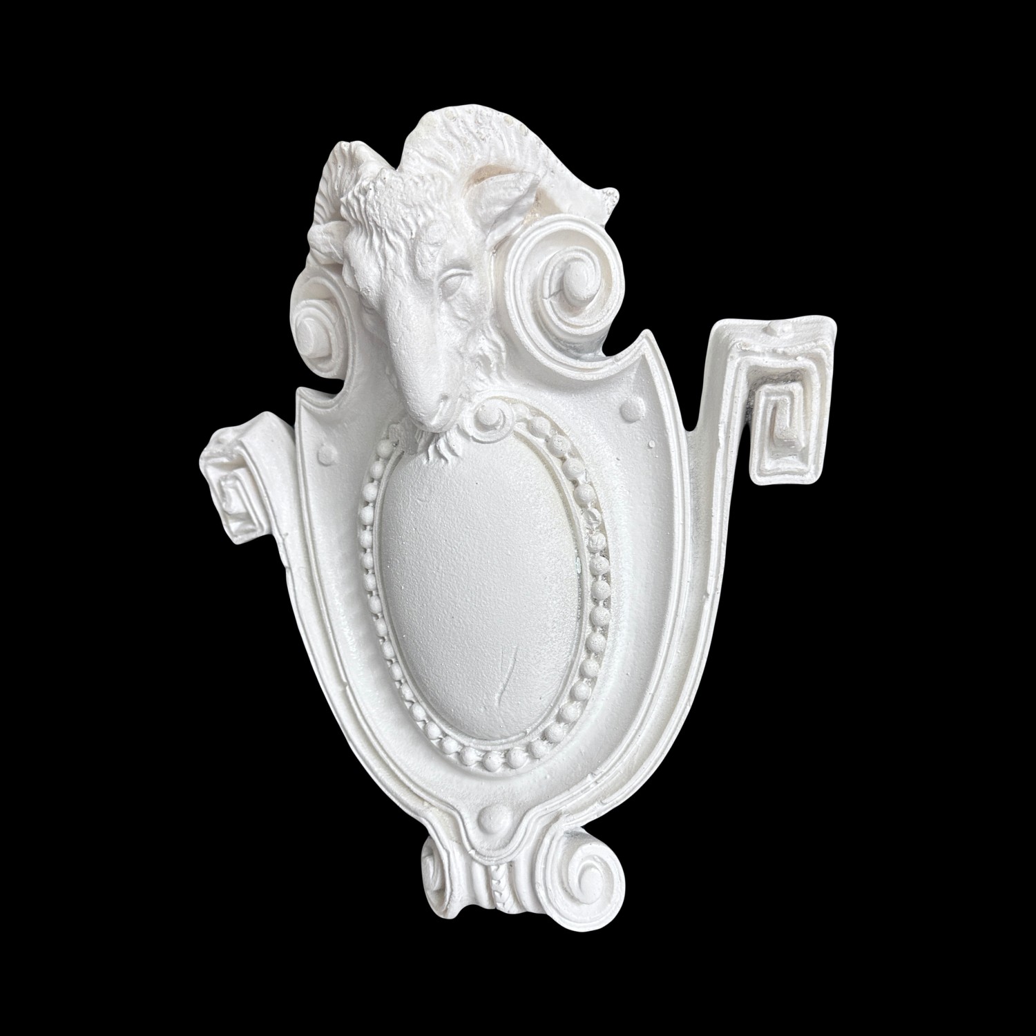 Ram's Head Cartouche — Beaded Shield with Greek Key Scrolls