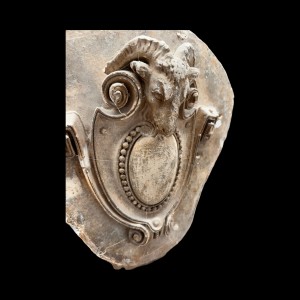 Ram's Head Cartouche — Beaded Shield with Greek Key Scrolls